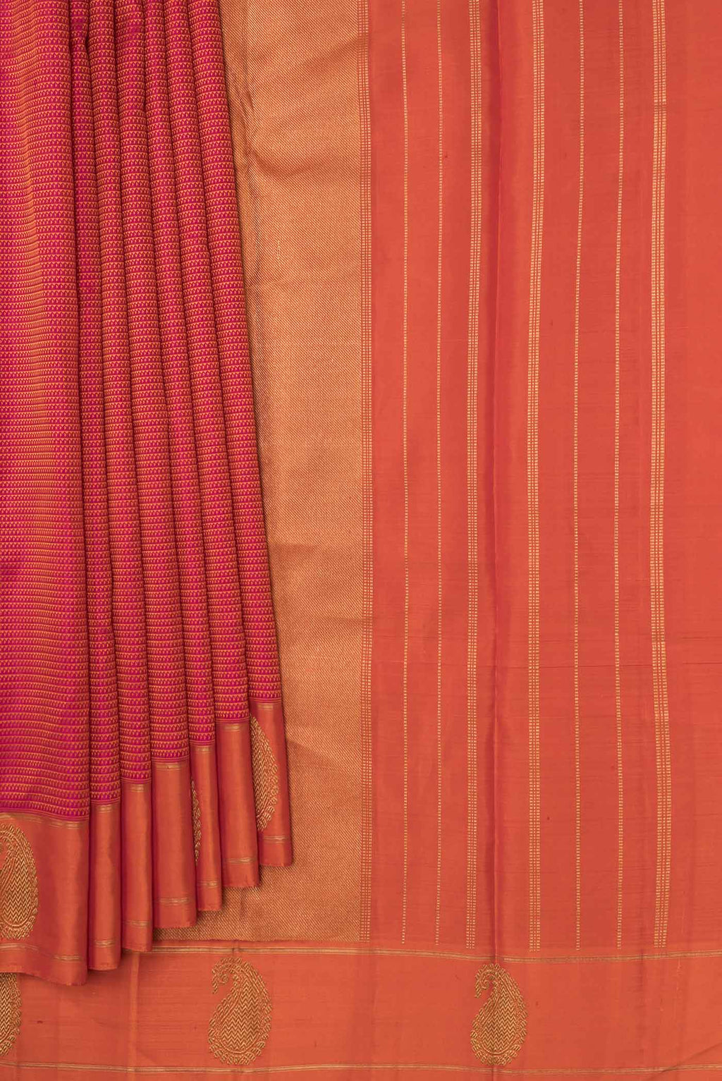 Pleats and pallu of Pure Silk Pure Zari Pink Dual Tone Kanchipuram SareeJacquard design on the body and Zari Border