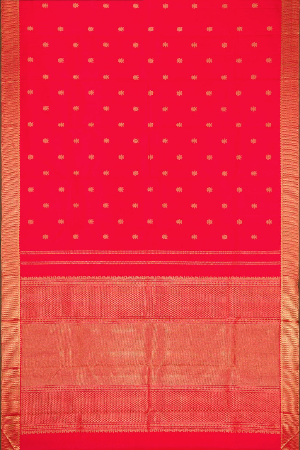 Flat view of Red Dual Tone Kanchipuram Silk Saree with Zari Butta on the body and Zari Border. 