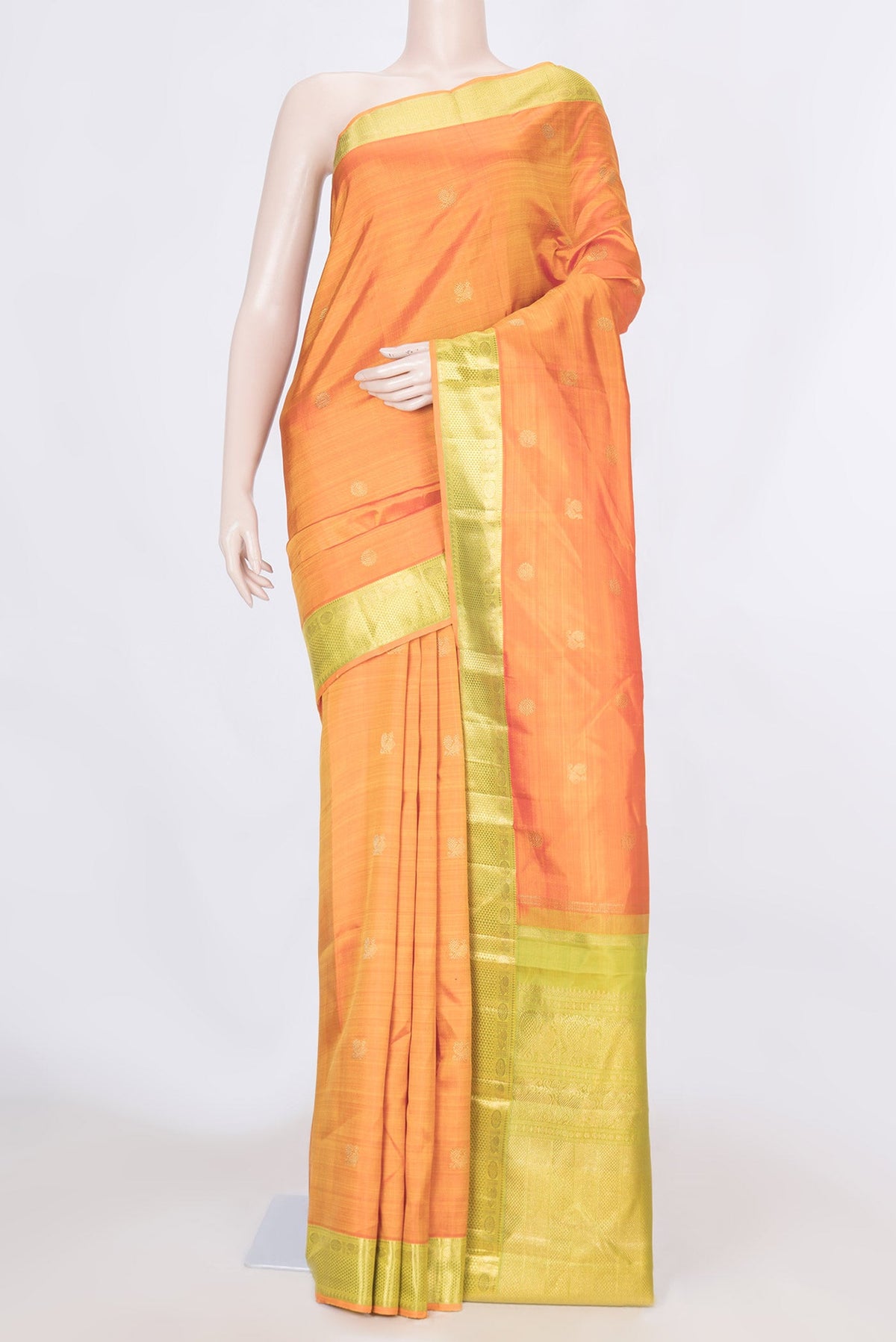 Pure Silk Pure Zari Orange Dual Tone Kanchipuram Saree with Zari Butta on the body and Zari Border displayed on a mannequin