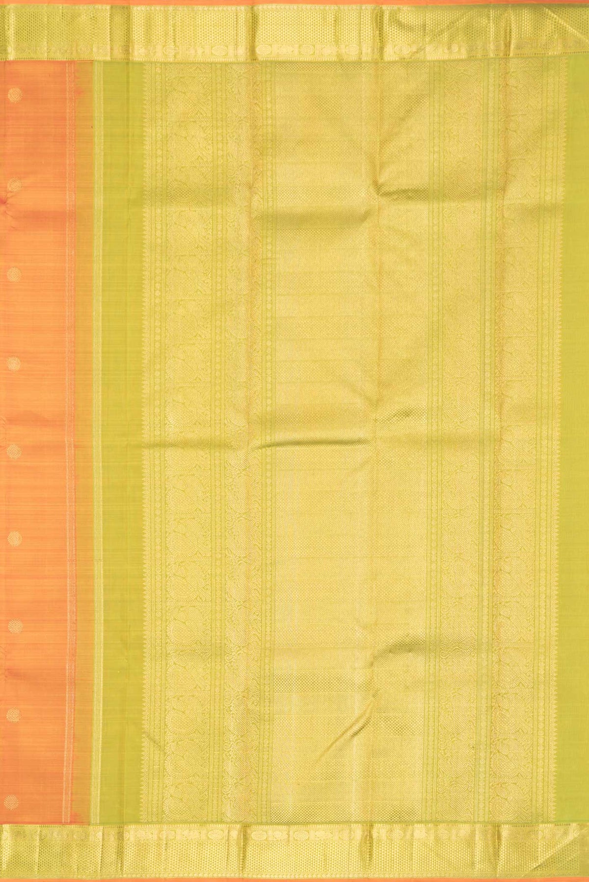 Close up image of the pallu of Pure Silk Pure Zari Orange Dual Tone Kanchipuram Saree with Zari Butta on the body and Zari Border