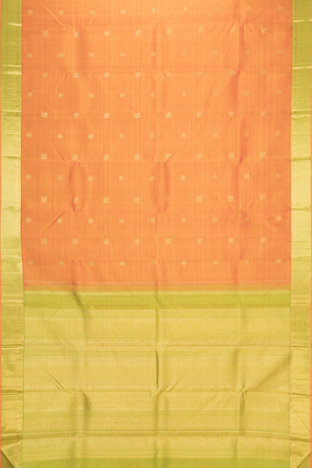 Flat view of Pure Silk Pure Zari Orange Dual Tone Kanchipuram Saree with Zari Butta on the body and Zari Border
