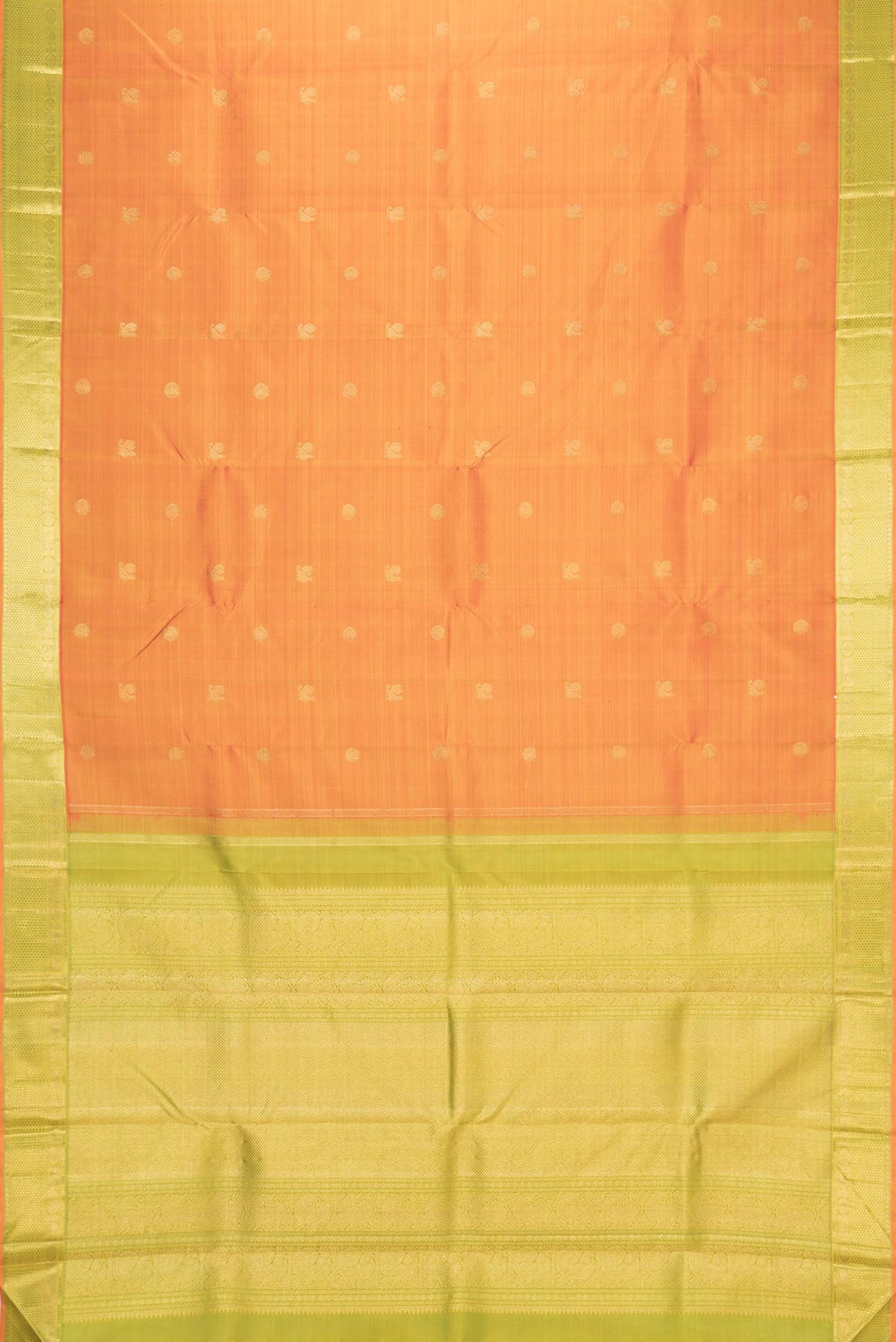 Flat view of Pure Silk Pure Zari Orange Dual Tone Kanchipuram Saree with Zari Butta on the body and Zari Border