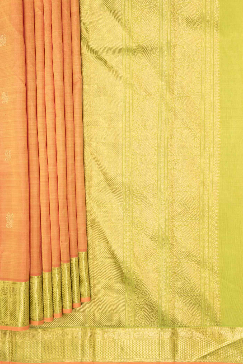 Pleats and pallu of Pure Silk Pure Zari Orange Dual Tone Kanchipuram Saree with Zari Butta on the body and Zari Border