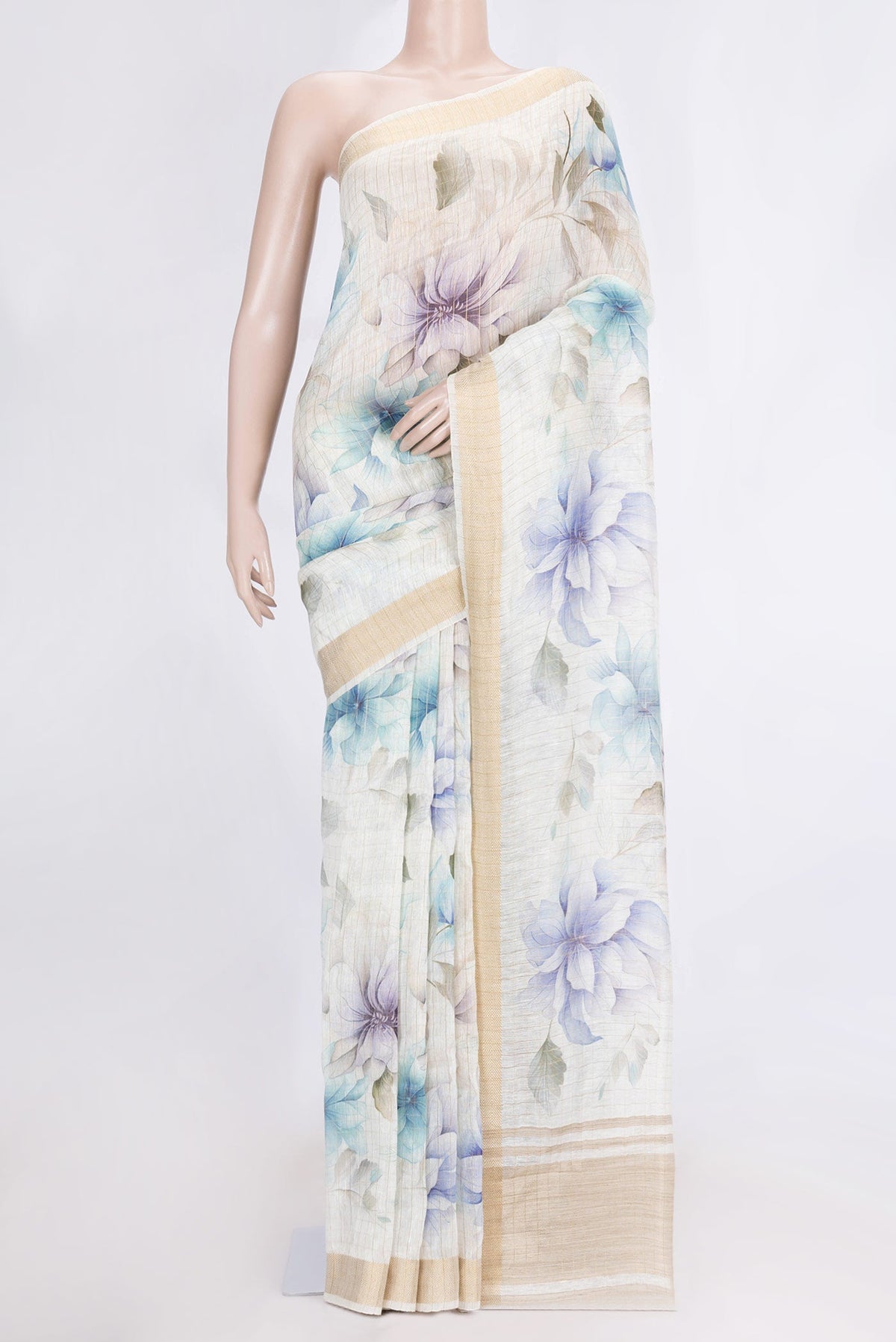 Beige Dual Tone Linen Saree with Printed design on the body and Zari Border.  displayed on a mannequin
