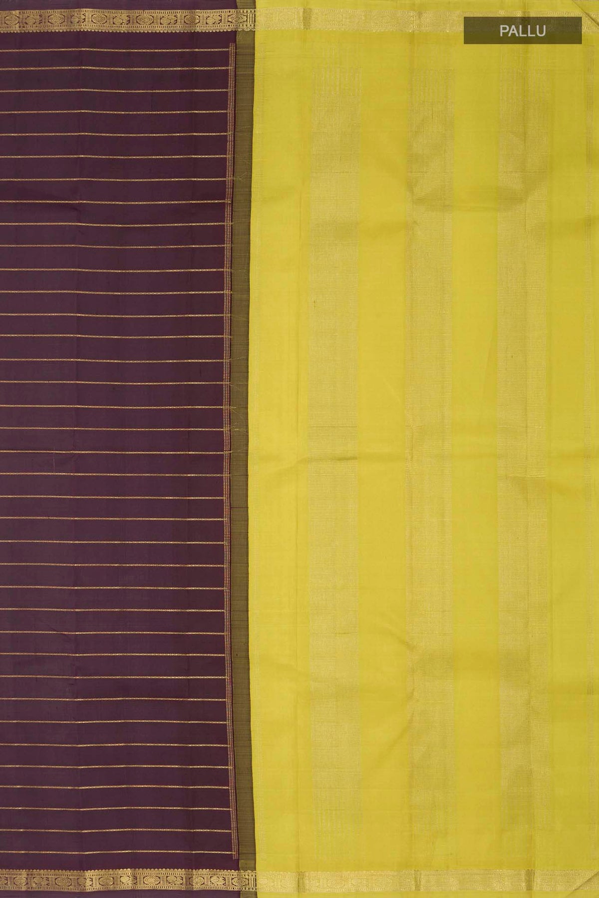 Close up image of the pallu of Brown Kanchipuram Silk Saree with Stripes on the body and Zari Border