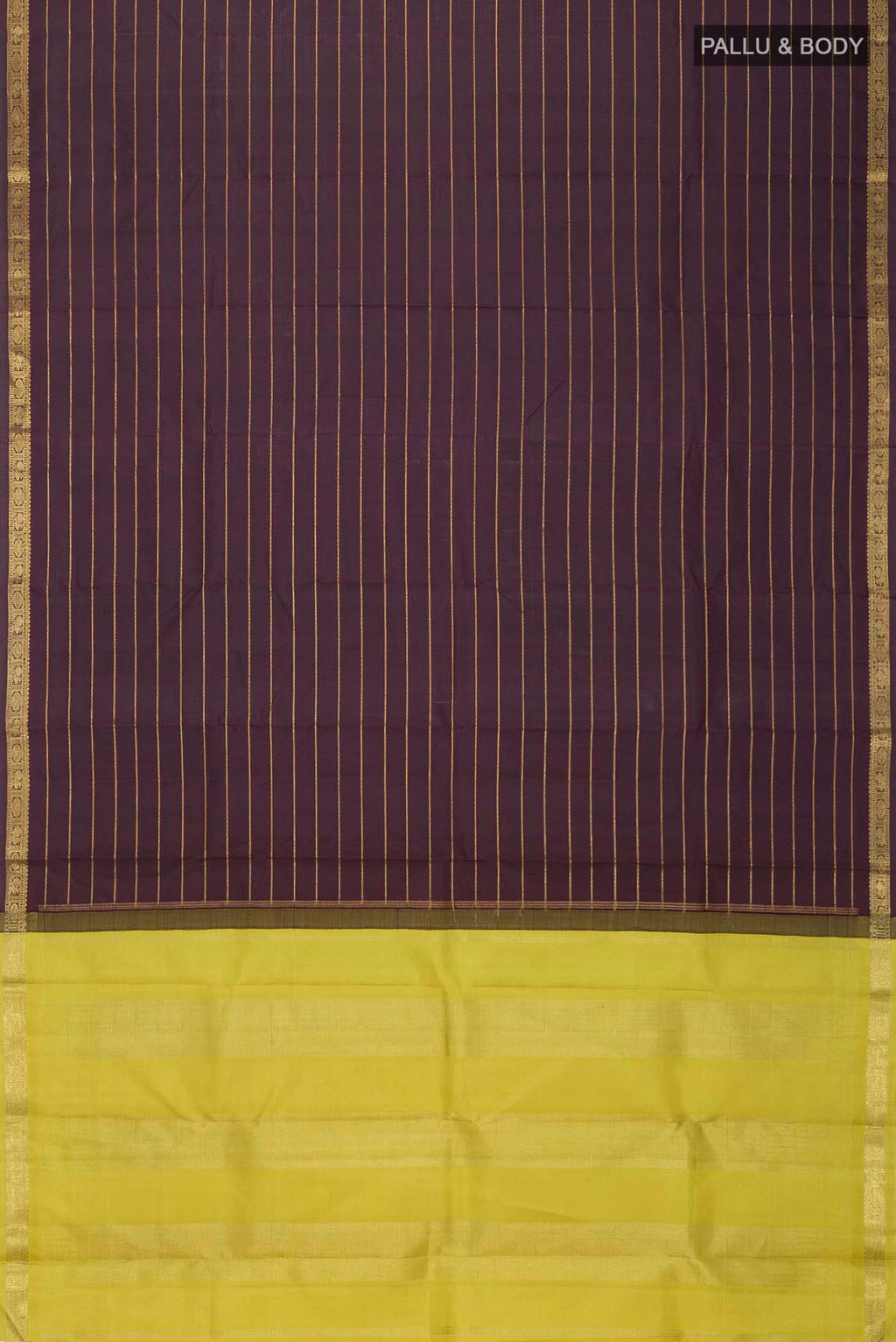 Flat view of Brown Kanchipuram Silk Saree with Stripes on the body and Zari Border
