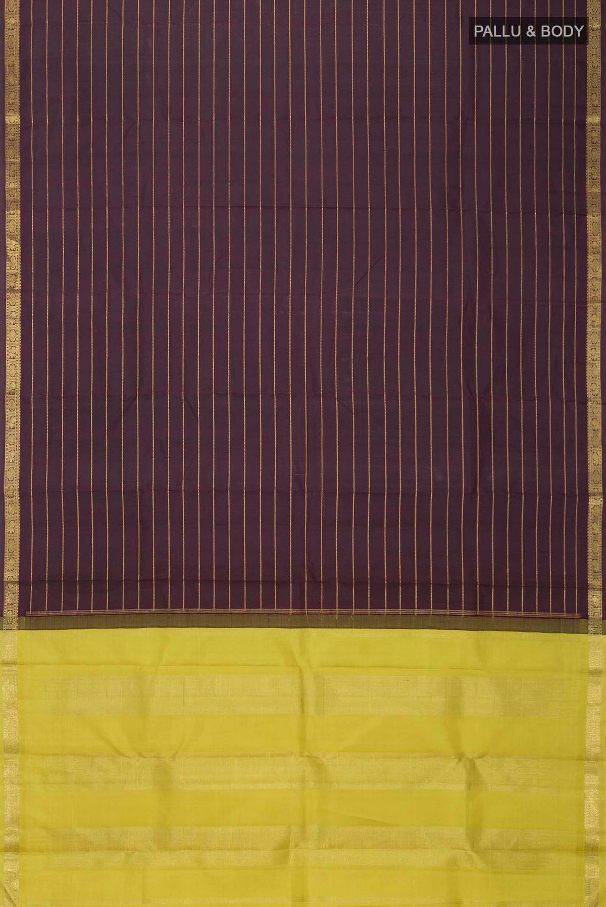 Flat view of Brown Kanchipuram Silk Saree with Stripes on the body and Zari Border