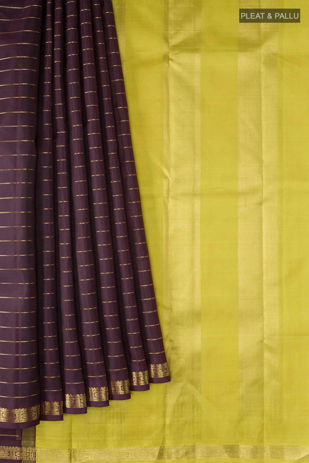 Pleats and pallu of Brown Kanchipuram Silk Saree with Stripes on the body and Zari Border