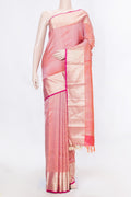 Pure Silk Pure Zari Orange Dual Tone Kanchipuram SareeJacquard design on the body and Zari Border displayed on a mannequin