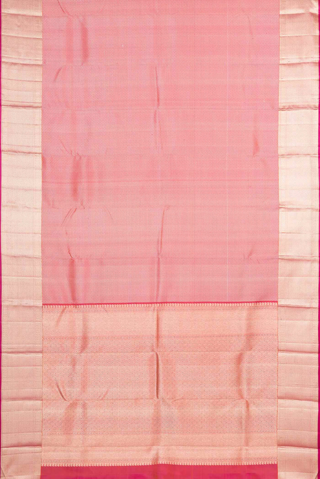 Flat view of Pure Silk Pure Zari Orange Dual Tone Kanchipuram SareeJacquard design on the body and Zari Border