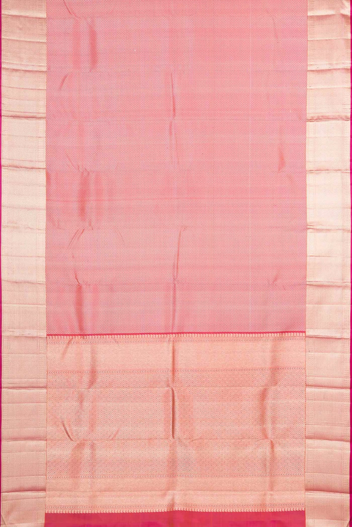 Flat view of Pure Silk Pure Zari Orange Dual Tone Kanchipuram SareeJacquard design on the body and Zari Border