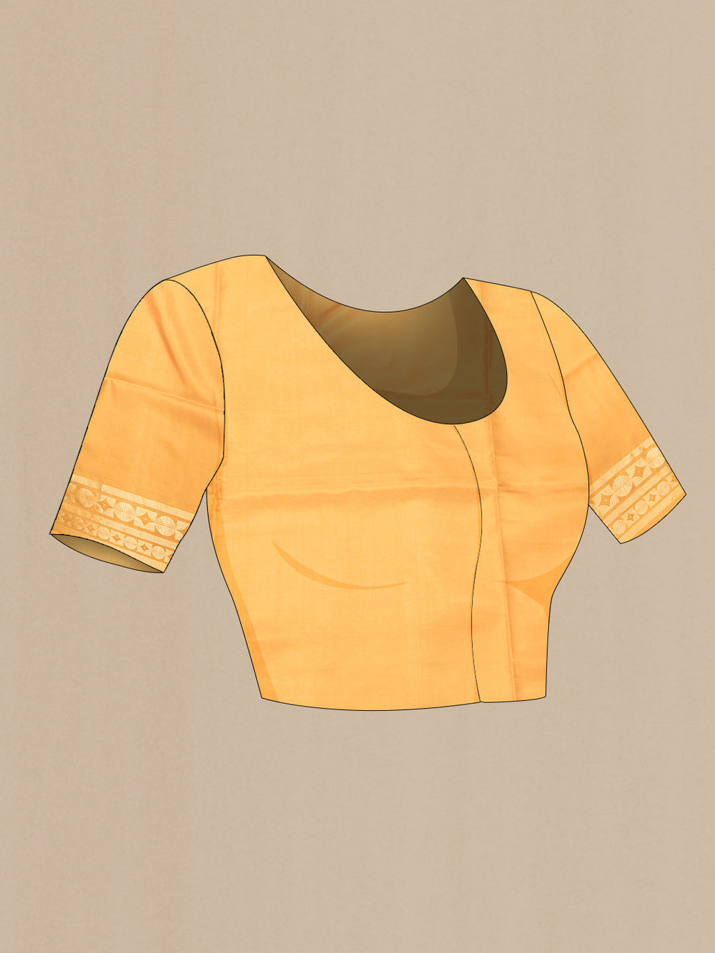 Close up image of the blouse of Mustard Dual Tone Soft Silk Saree with Zari Brocade on the body and Zari Border. 