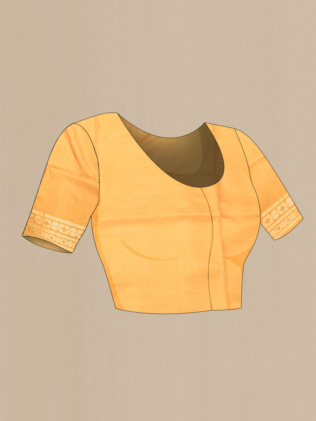 Close up image of the blouse of Mustard Dual Tone Soft Silk Saree with Zari Brocade on the body and Zari Border. 