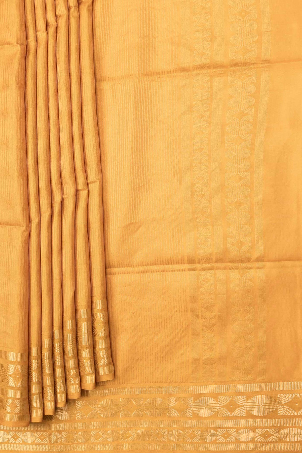 Pleats and pallu of Mustard Dual Tone Soft Silk Saree with Zari Brocade on the body and Zari Border. 