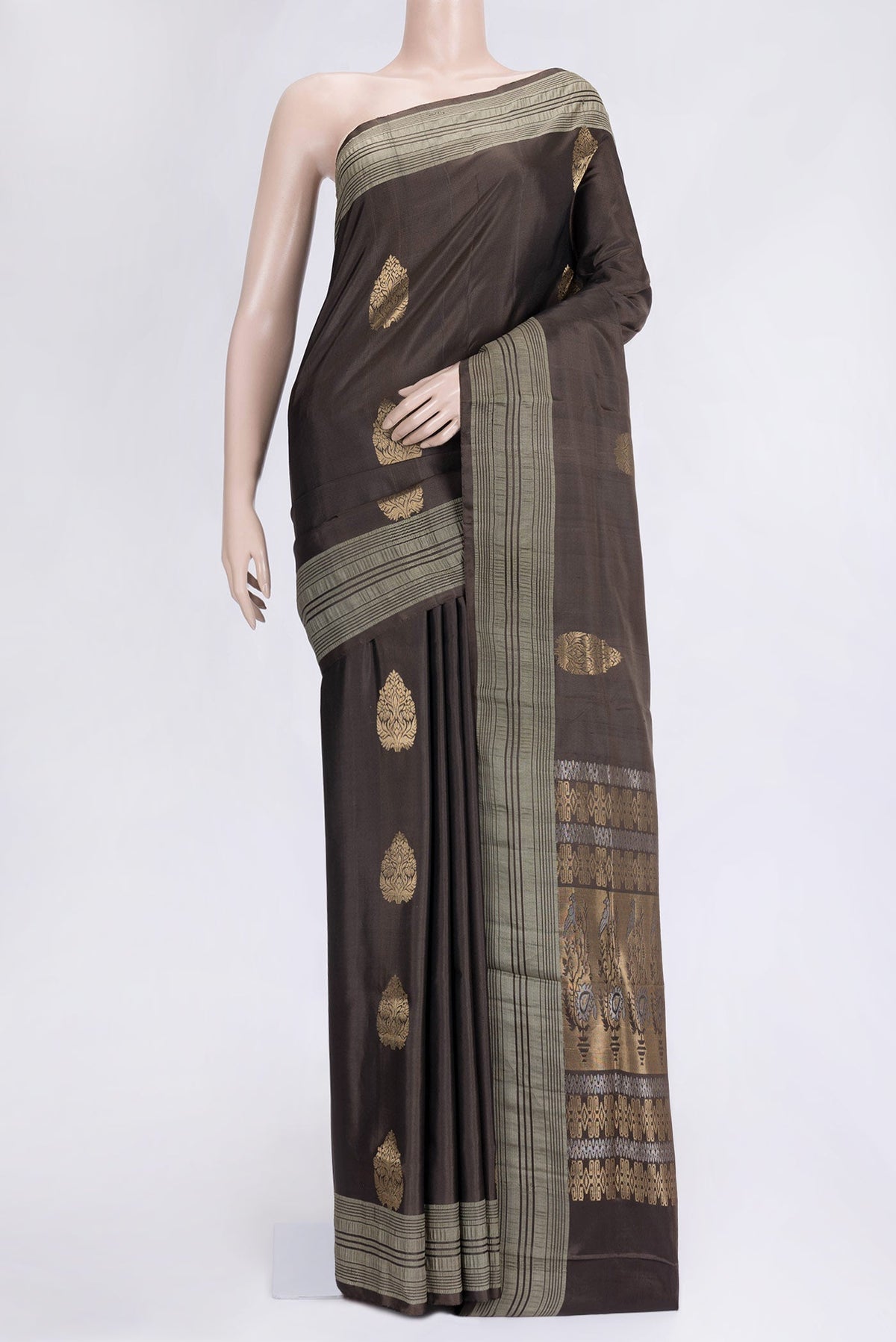 Coffee Brown Dual Tone Soft Silk Saree with Zari Butta on the body and Thread Border.  displayed on a mannequin