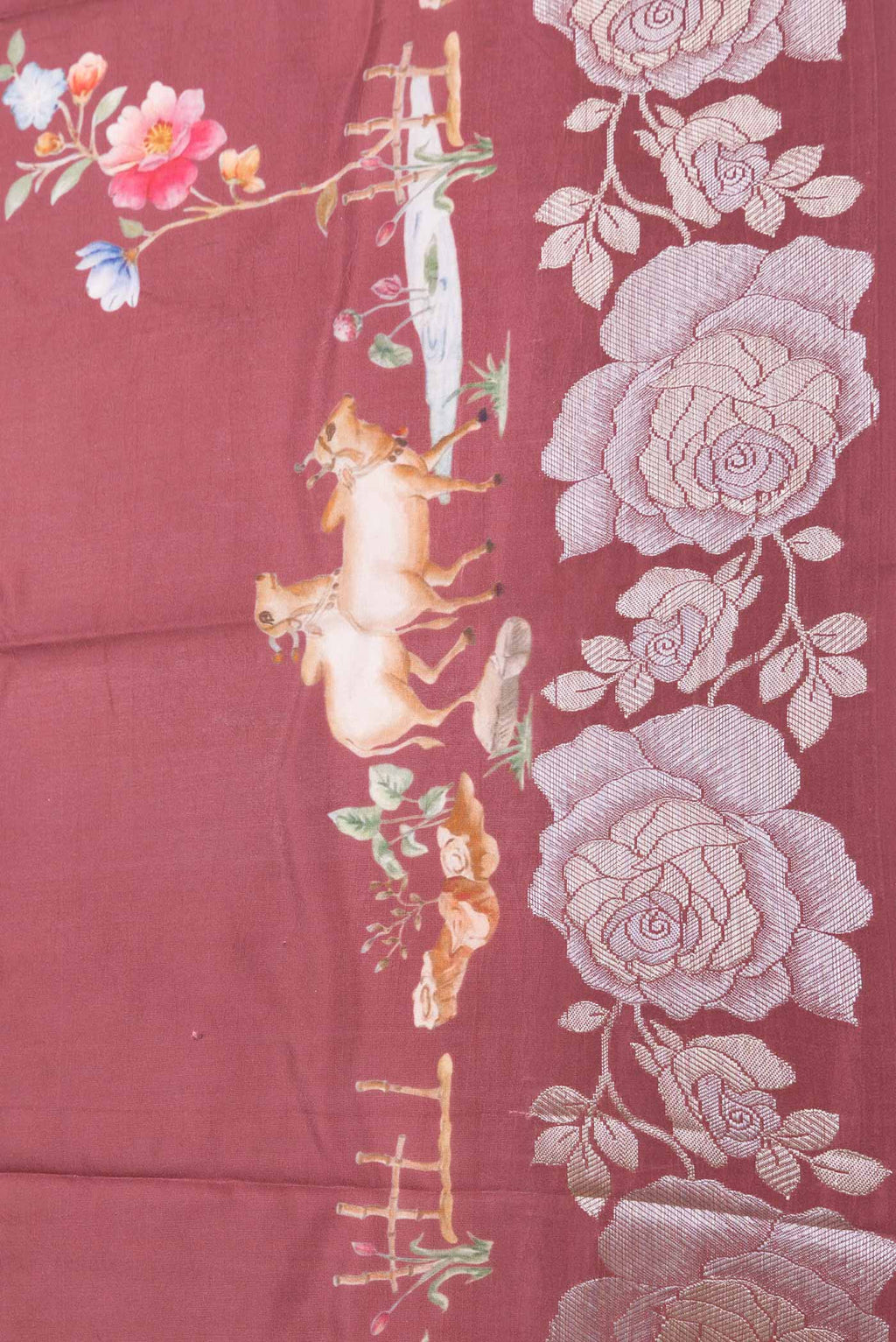Border image of Maroon Dual Tone Tussar Silk SareePrinted design on the body and Zari Border