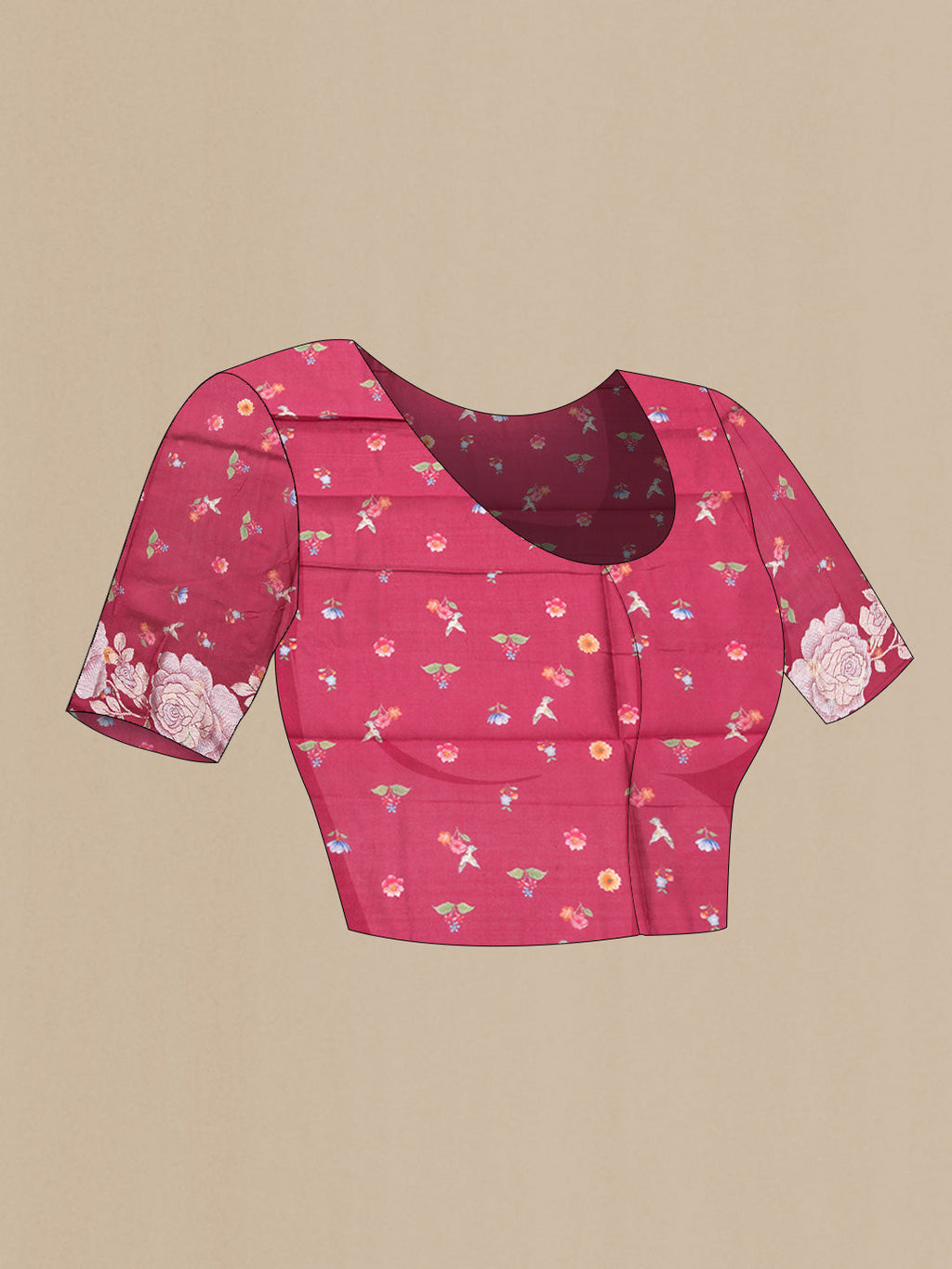 Close up image of the blouse of Maroon Dual Tone Tussar Silk SareePrinted design on the body and Zari Border