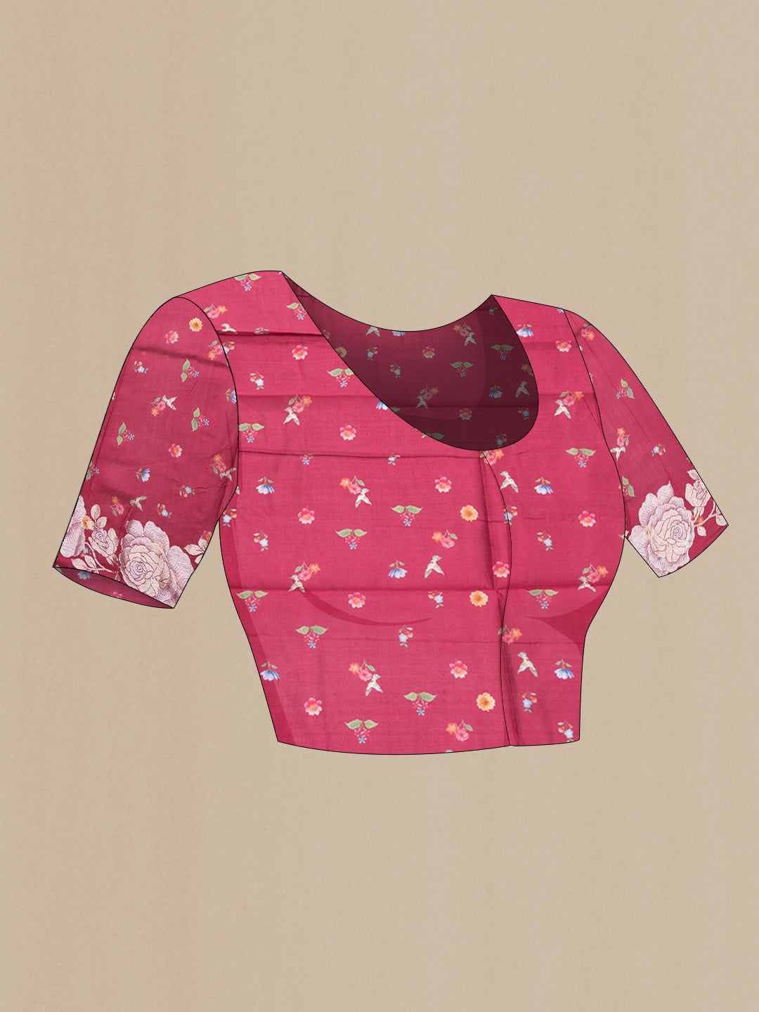 Close up image of the blouse of Maroon Dual Tone Tussar Silk SareePrinted design on the body and Zari Border