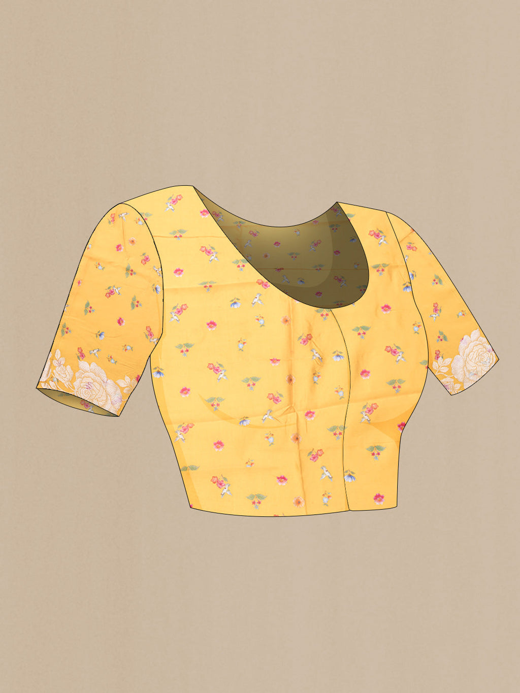 Close up image of the blouse of Orange Dual Tone Tussar Silk SareePrinted design on the body and Zari Border