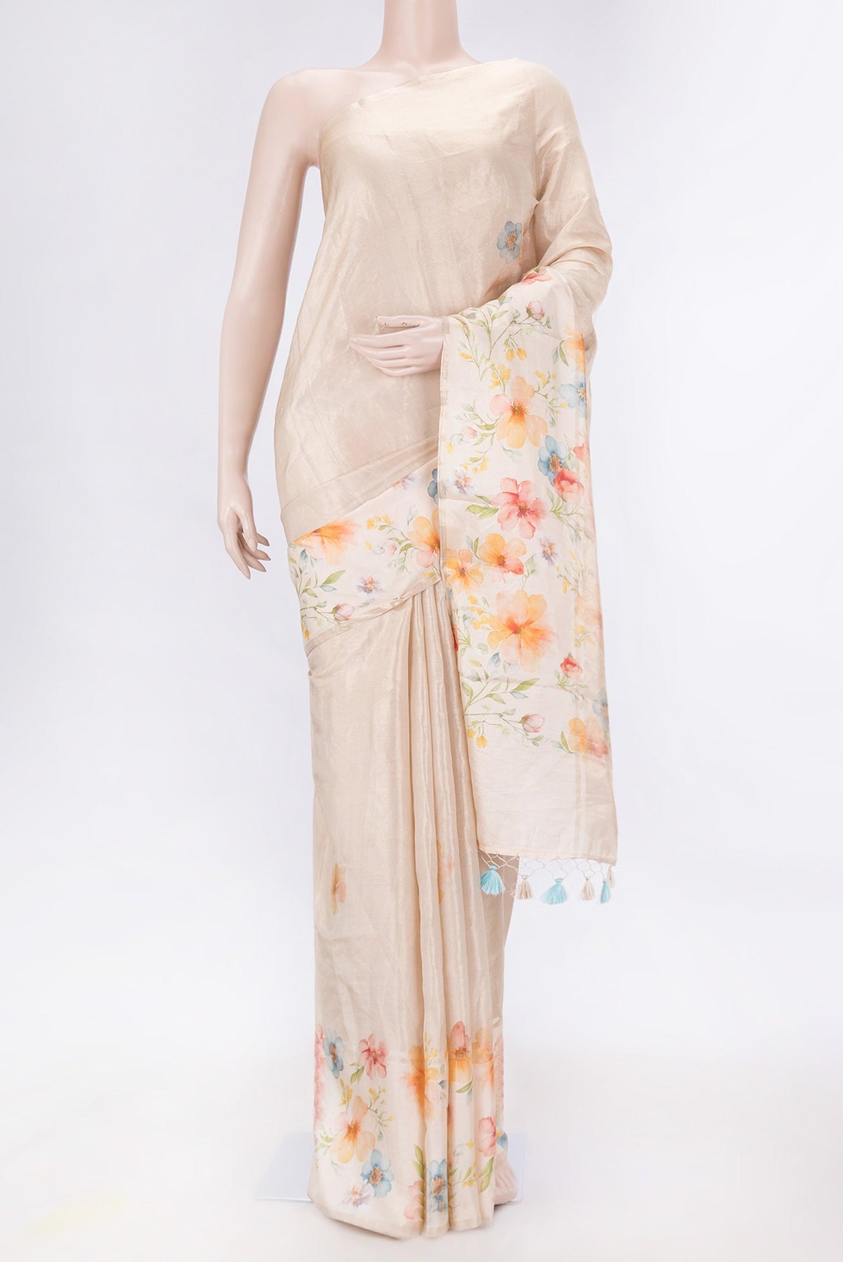 Peach Dual Tone Tussar Silk Saree with Plain Body and Printed Border displayed on a mannequin