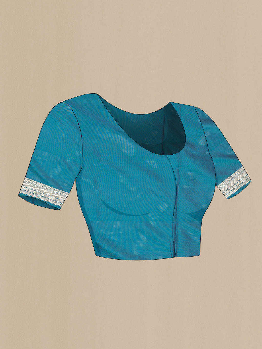 Close up image of the blouse of Peacock Blue Dual Tone Banarasi Silk Saree with Zari Brocade on the body and Zari Border. 