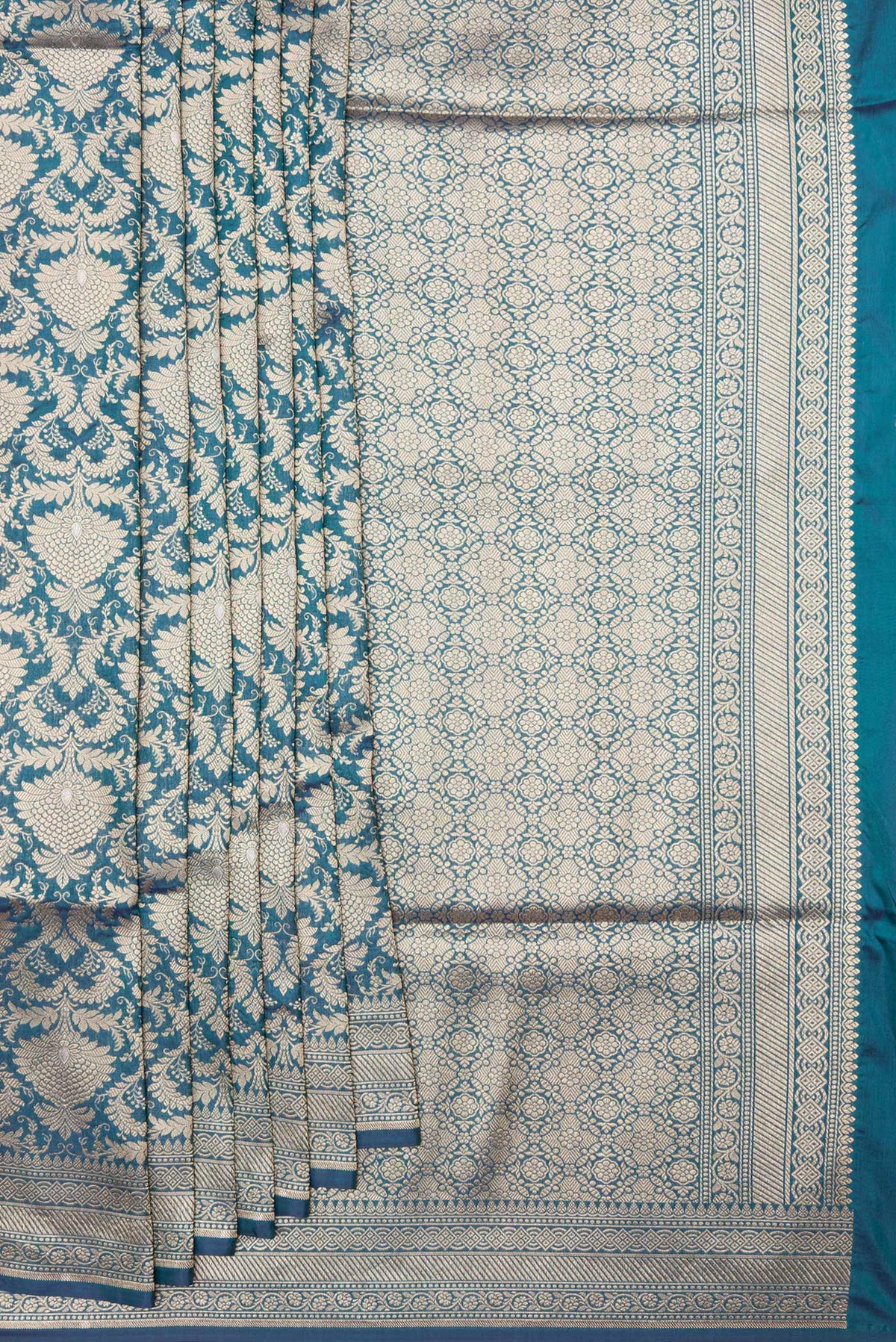 Pleats and pallu of Peacock Blue Dual Tone Banarasi Silk Saree with Zari Brocade on the body and Zari Border. 