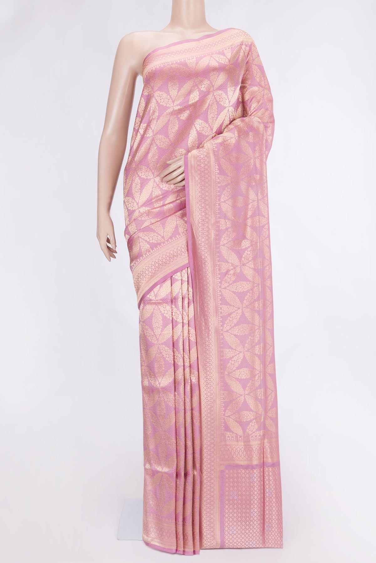 Pink Dual Tone Banarasi Silk Saree with Zari Brocade on the body and Zari Border.  displayed on a mannequin