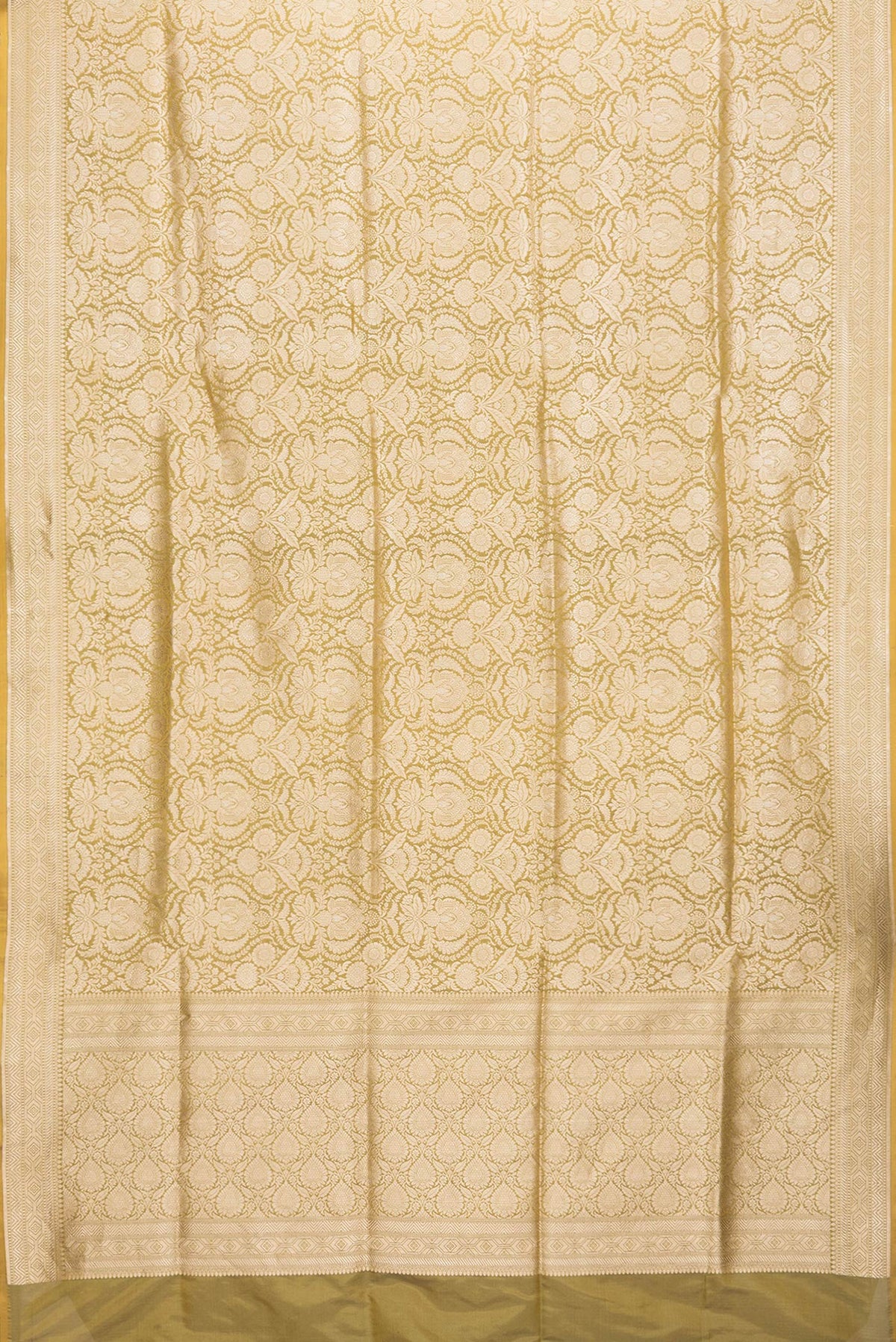 Flat view of Mehandi Green Dual Tone Banarasi Silk Saree with Zari Brocade on the body and Zari Border. 