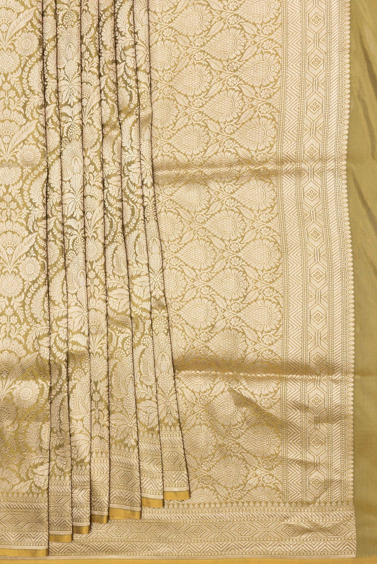 Pleats and pallu of Mehandi Green Dual Tone Banarasi Silk Saree with Zari Brocade on the body and Zari Border. 