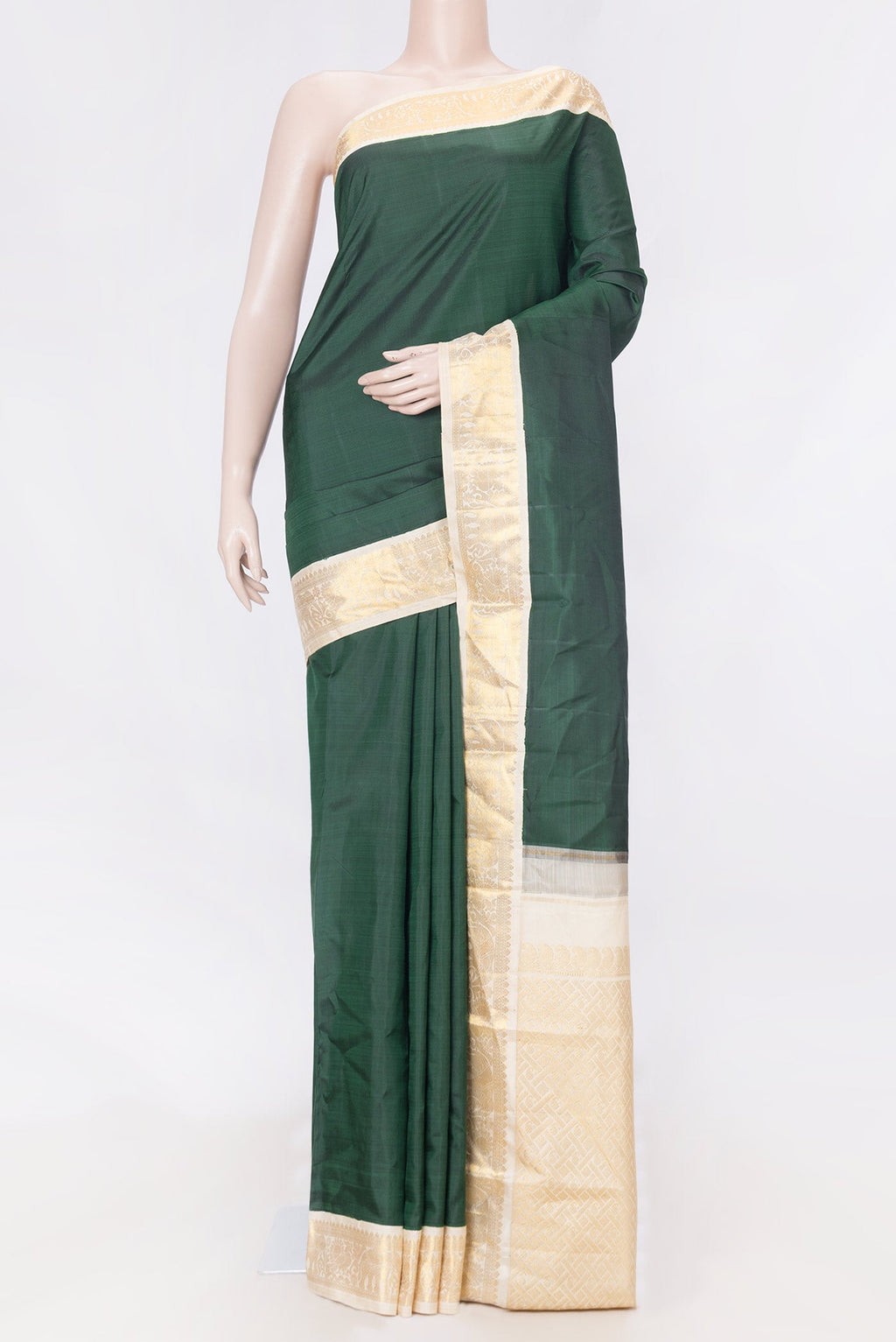 Pure Silk Pure Zari Green Dual Tone Kanchipuram Saree with Plain Body and Zari Border displayed on a mannequin