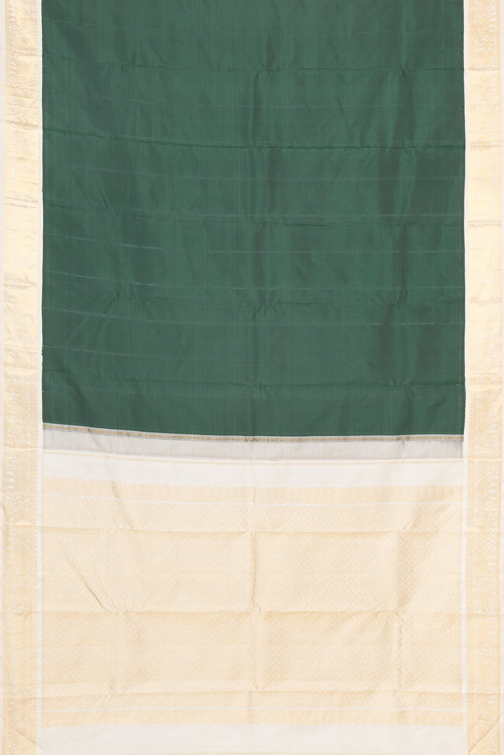 Flat view of Pure Silk Pure Zari Green Dual Tone Kanchipuram Saree with Plain Body and Zari Border