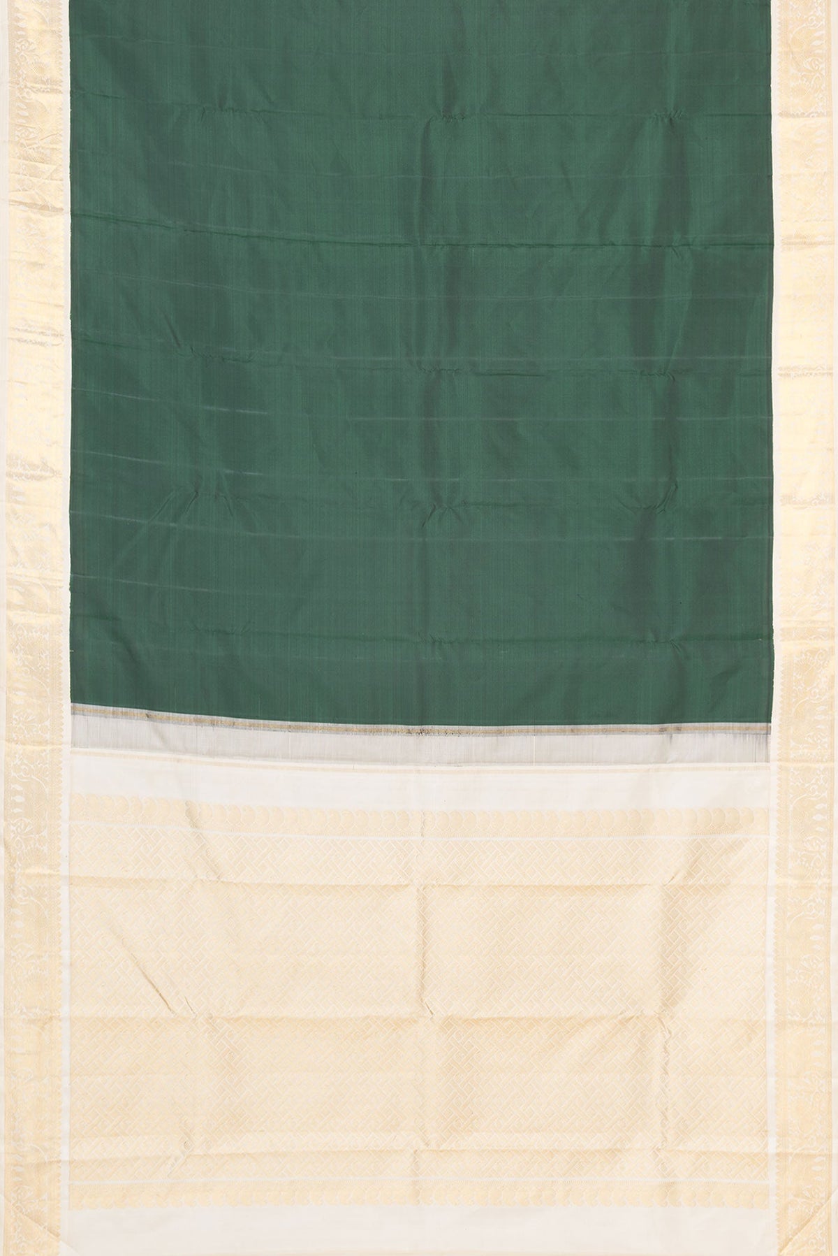 Flat view of Pure Silk Pure Zari Green Dual Tone Kanchipuram Saree with Plain Body and Zari Border