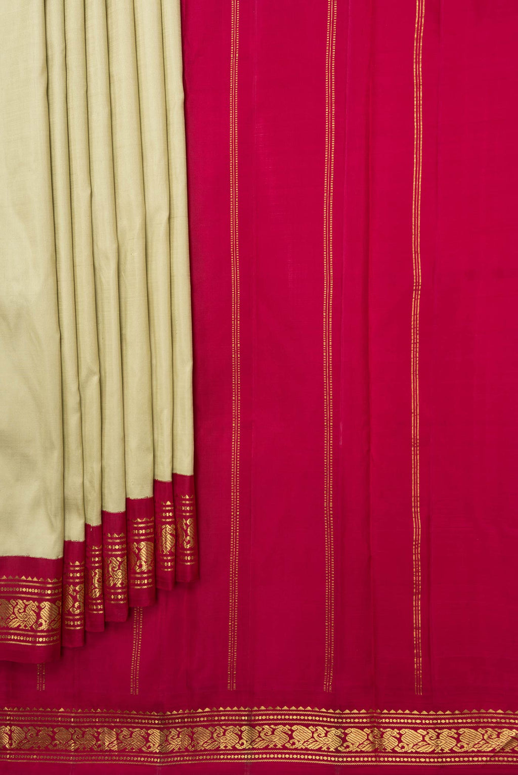 Pleats and pallu of Pure Silk Pure Zari Beige Kanchipuram Saree with Plain Body and One Side Border