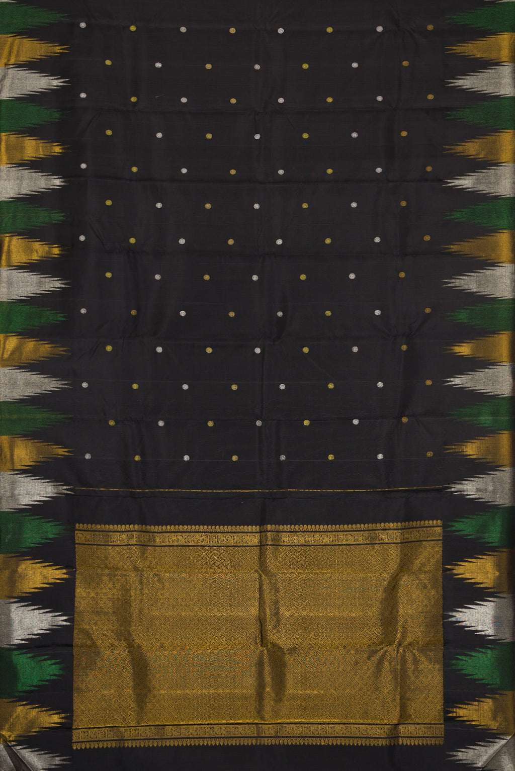 Flat view of Black Dual Tone Kanjivaram Silk Saree with Zari Butta on the body and Temple Border. 