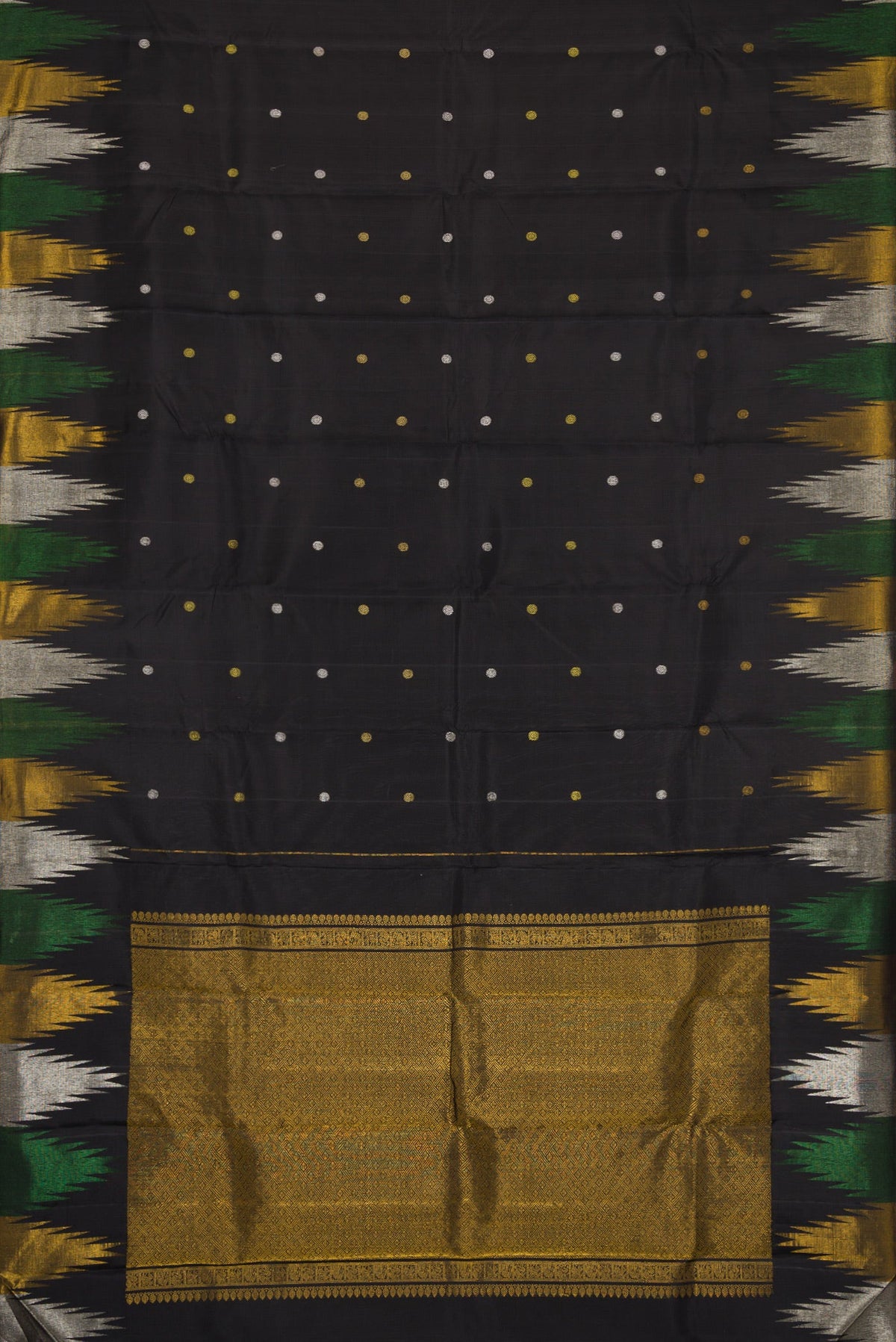 Flat view of Black Dual Tone Kanjivaram Silk Saree with Zari Butta on the body and Temple Border. 