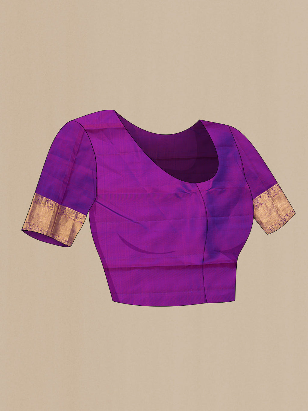 Close up image of the blouse of Pure Silk Pure Zari Purple Dual Tone Kanchipuram Saree with Jacquard With Zari Butta on the body and Zari Border
