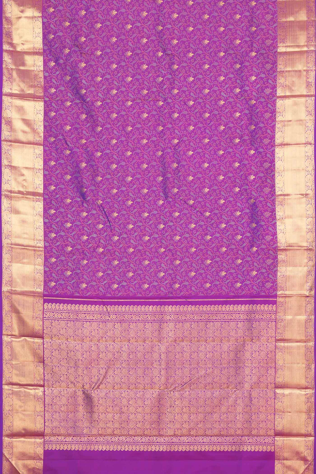 Flat view of Pure Silk Pure Zari Purple Dual Tone Kanchipuram Saree with Jacquard With Zari Butta on the body and Zari Border