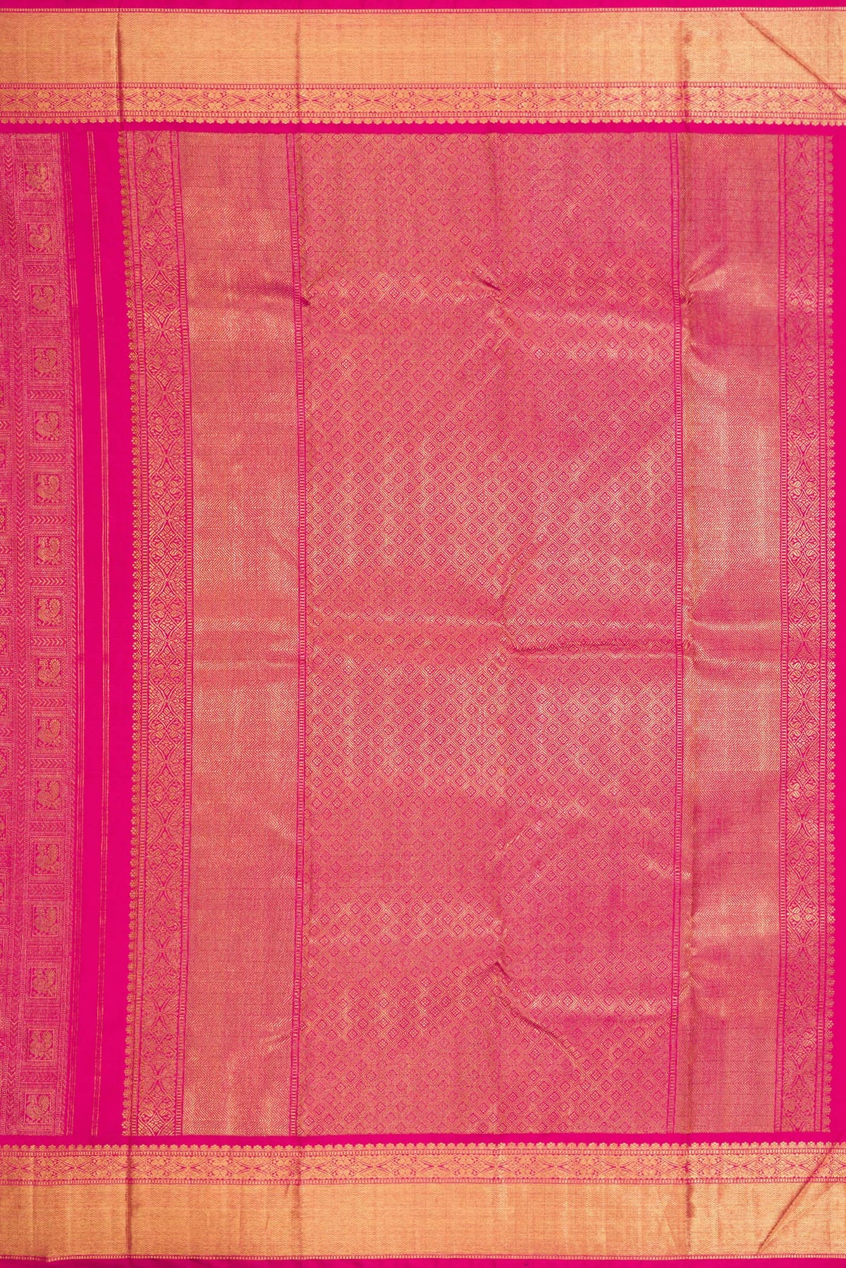 Close up image of the pallu of Pure Silk Pure Zari Pink Dual Tone Kanjivaram Saree with Zari Brocade on the body and Zari Border. 