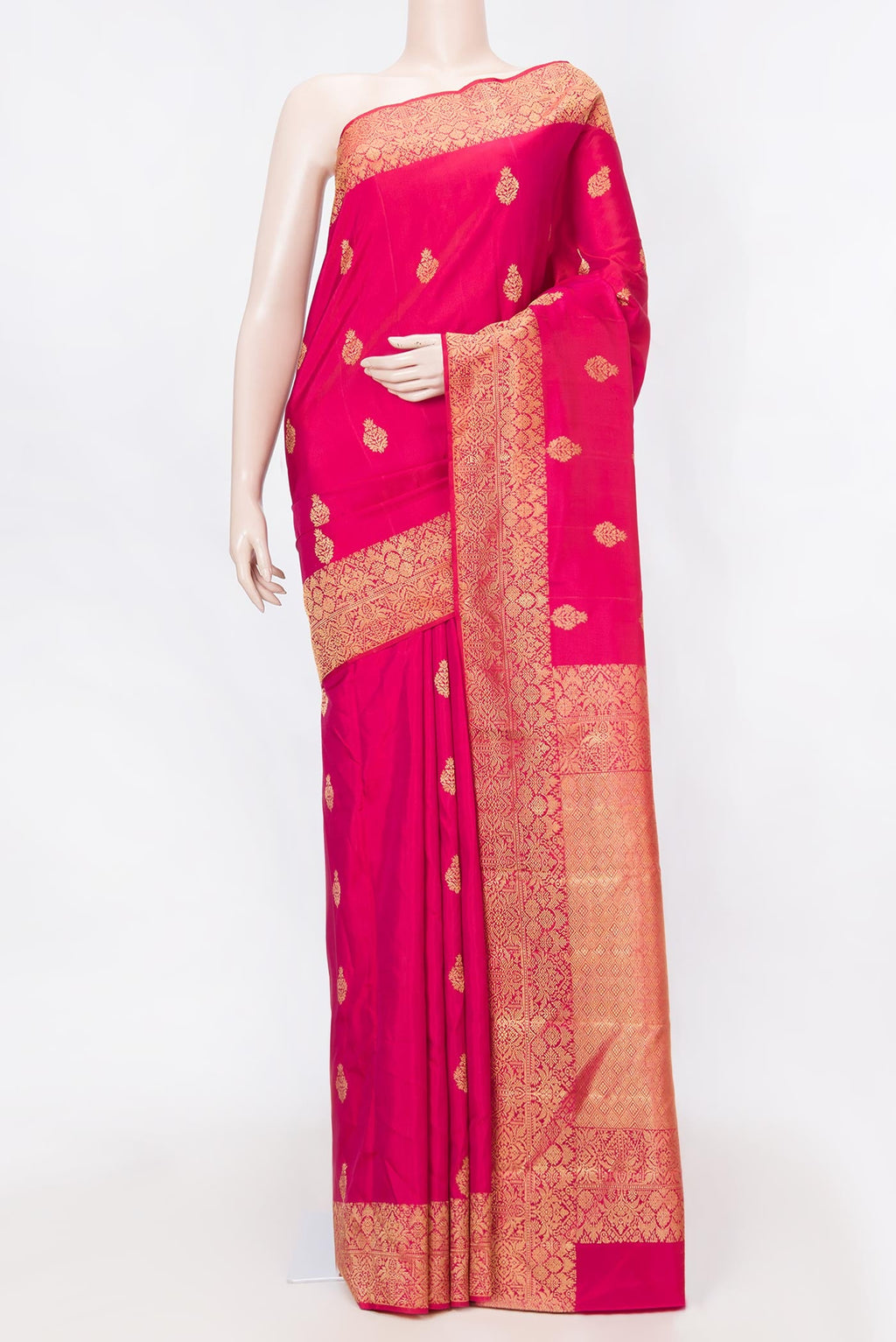 Dark Pink Dual Tone Kanchipuram Silk Saree with Zari Butta on the body and Zari Border displayed on a mannequin