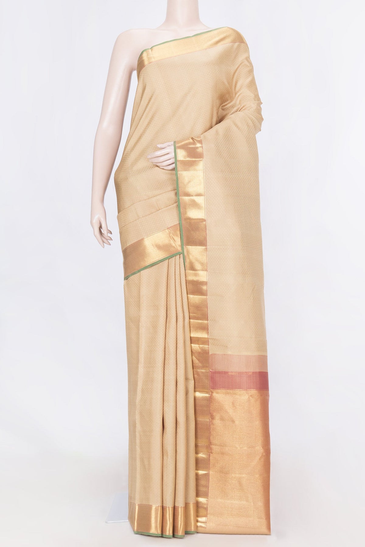 Pure Silk Pure Zari Beige Dual Tone Kanchipuram SareeJacquard design on the body and Zari Border displayed on a mannequin