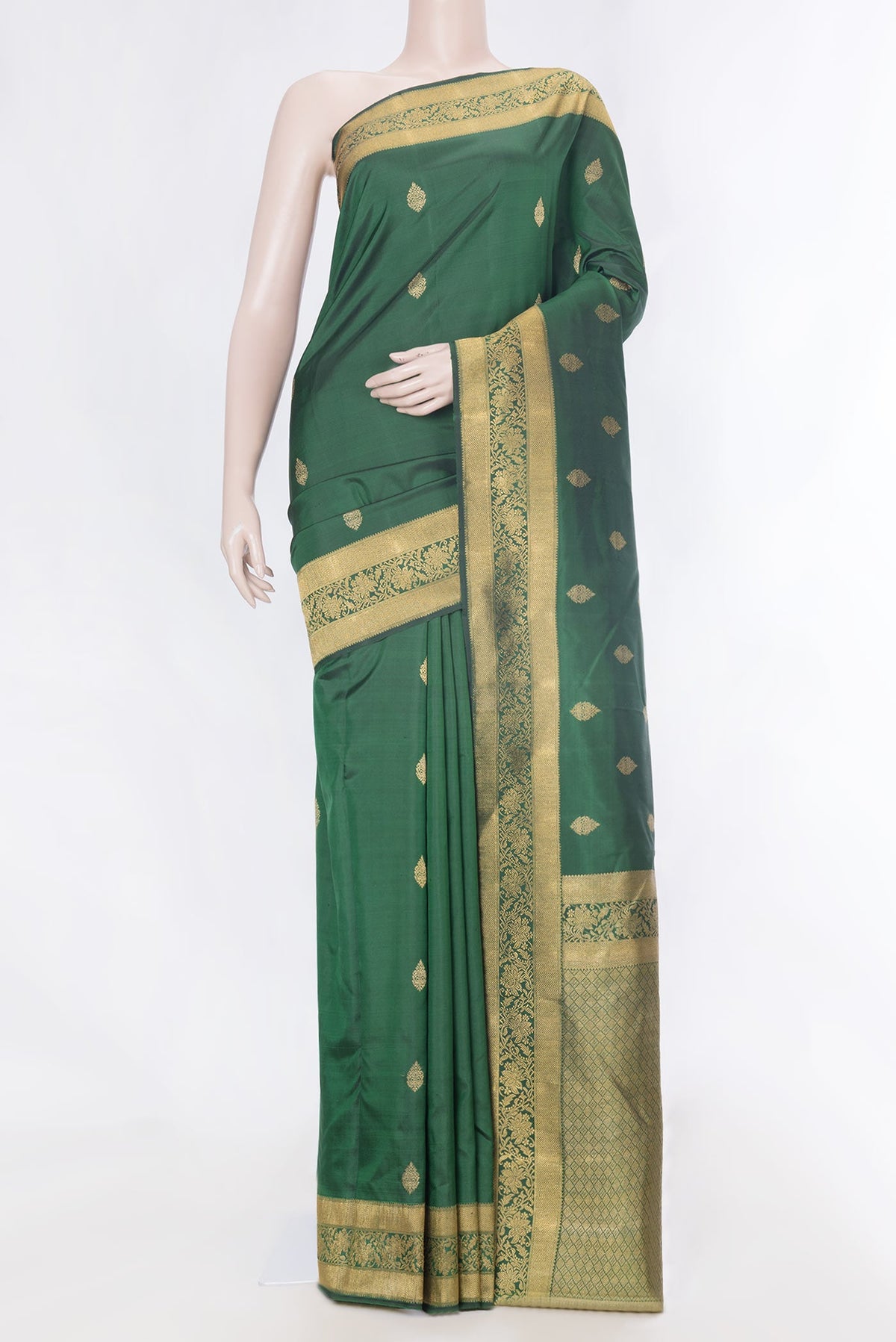 Pure Silk Pure Zari Green Dual Tone Kanchipuram Saree with Zari Butta on the body and Zari Border displayed on a mannequin