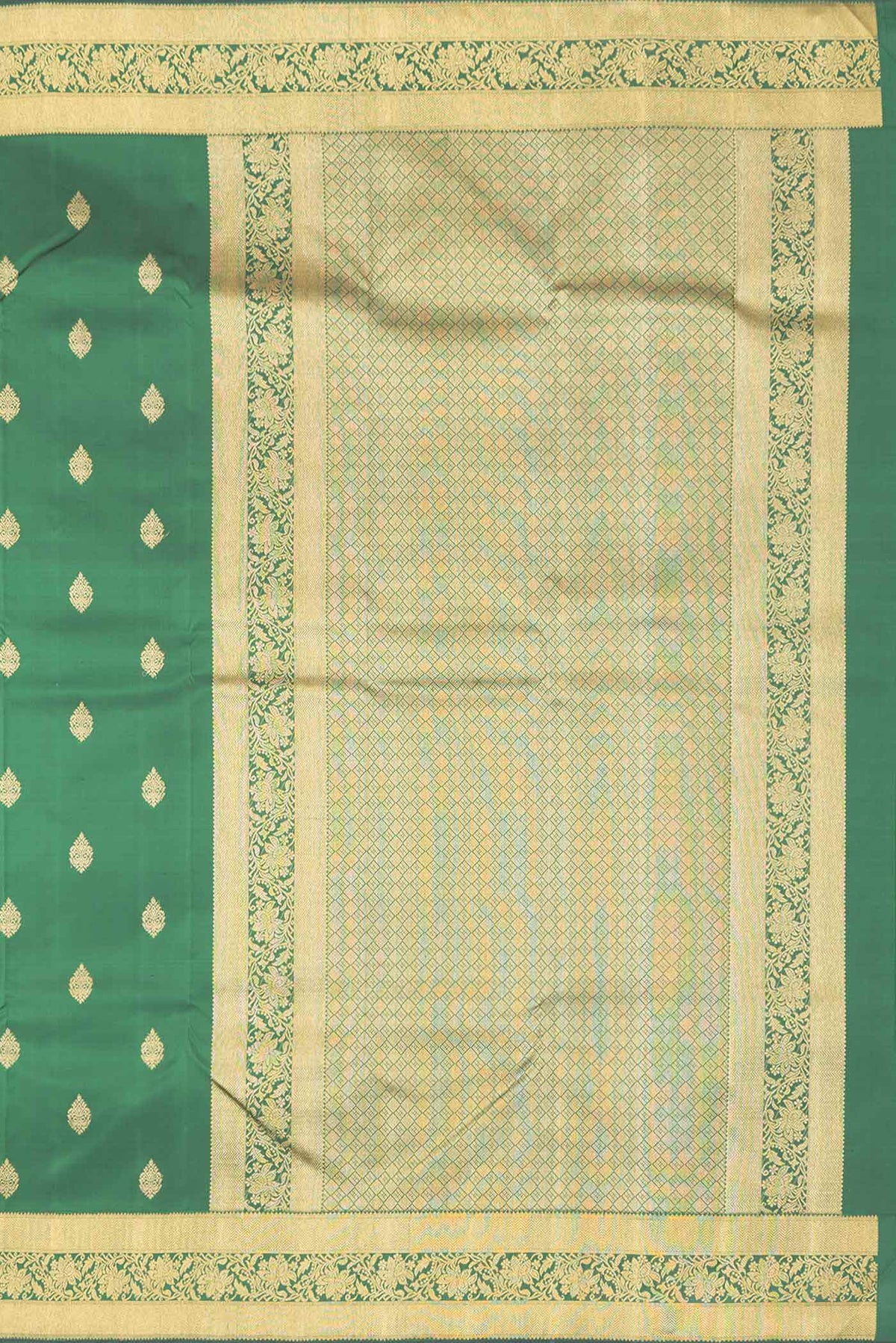 Close up image of the pallu of Pure Silk Pure Zari Green Dual Tone Kanchipuram Saree with Zari Butta on the body and Zari Border