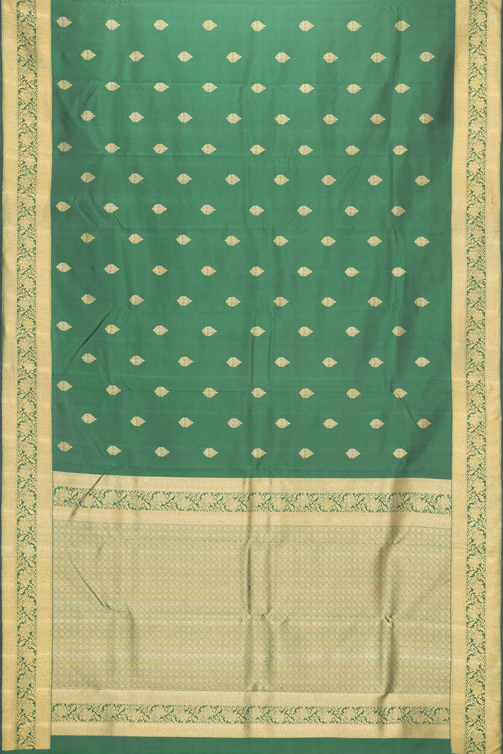 Flat view of Pure Silk Pure Zari Green Dual Tone Kanchipuram Saree with Zari Butta on the body and Zari Border