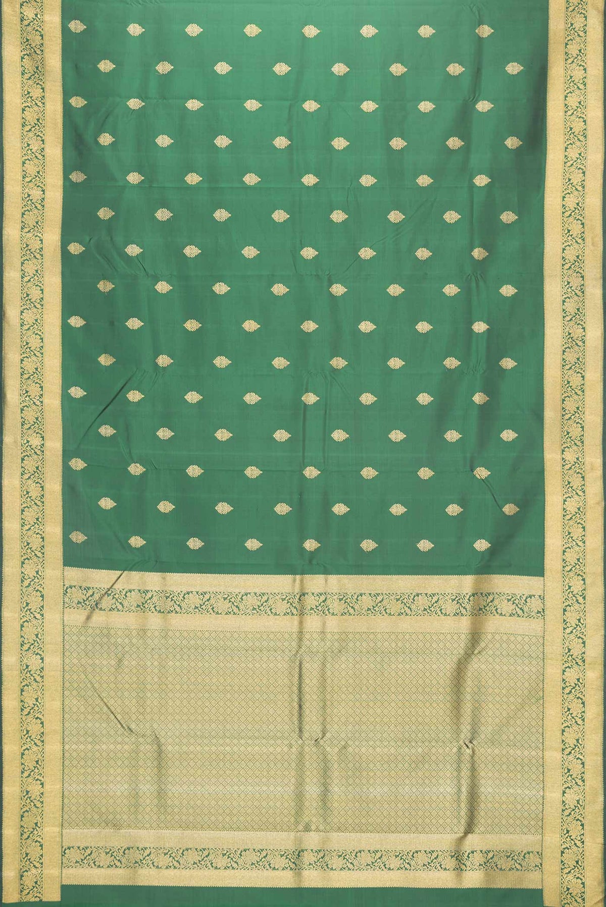Flat view of Pure Silk Pure Zari Green Dual Tone Kanchipuram Saree with Zari Butta on the body and Zari Border