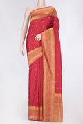 Pure Silk Pure Zari Red Dual Tone Kanchipuram Saree with Zari Butta on the body and Zari Border displayed on a mannequin