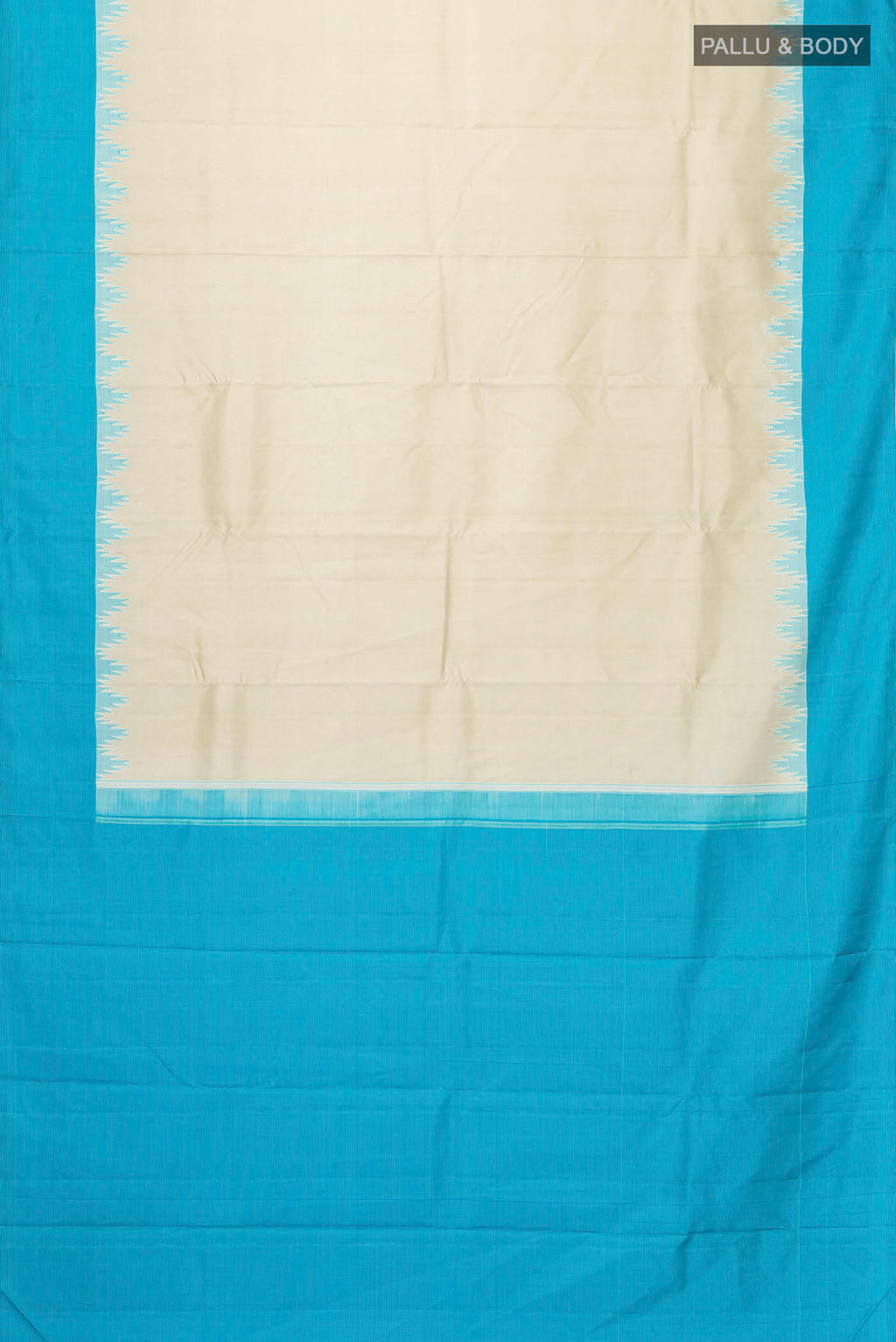 Flat view of Cream Kanchipuram Silk Saree with Plain Body and Temple Border