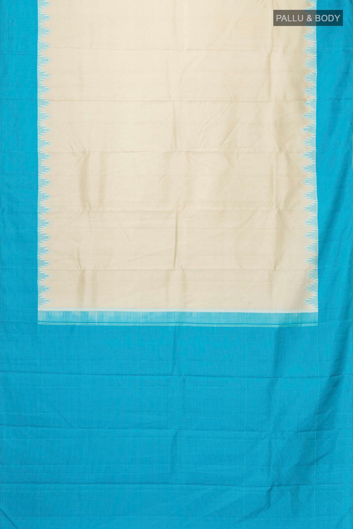 Flat view of Cream Kanchipuram Silk Saree with Plain Body and Temple Border