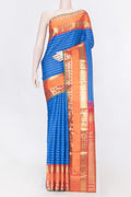 Pure Silk Pure Zari Royal Blue Dual Tone Kanchipuram Saree with Stripes on the body and Zari Border displayed on a mannequin