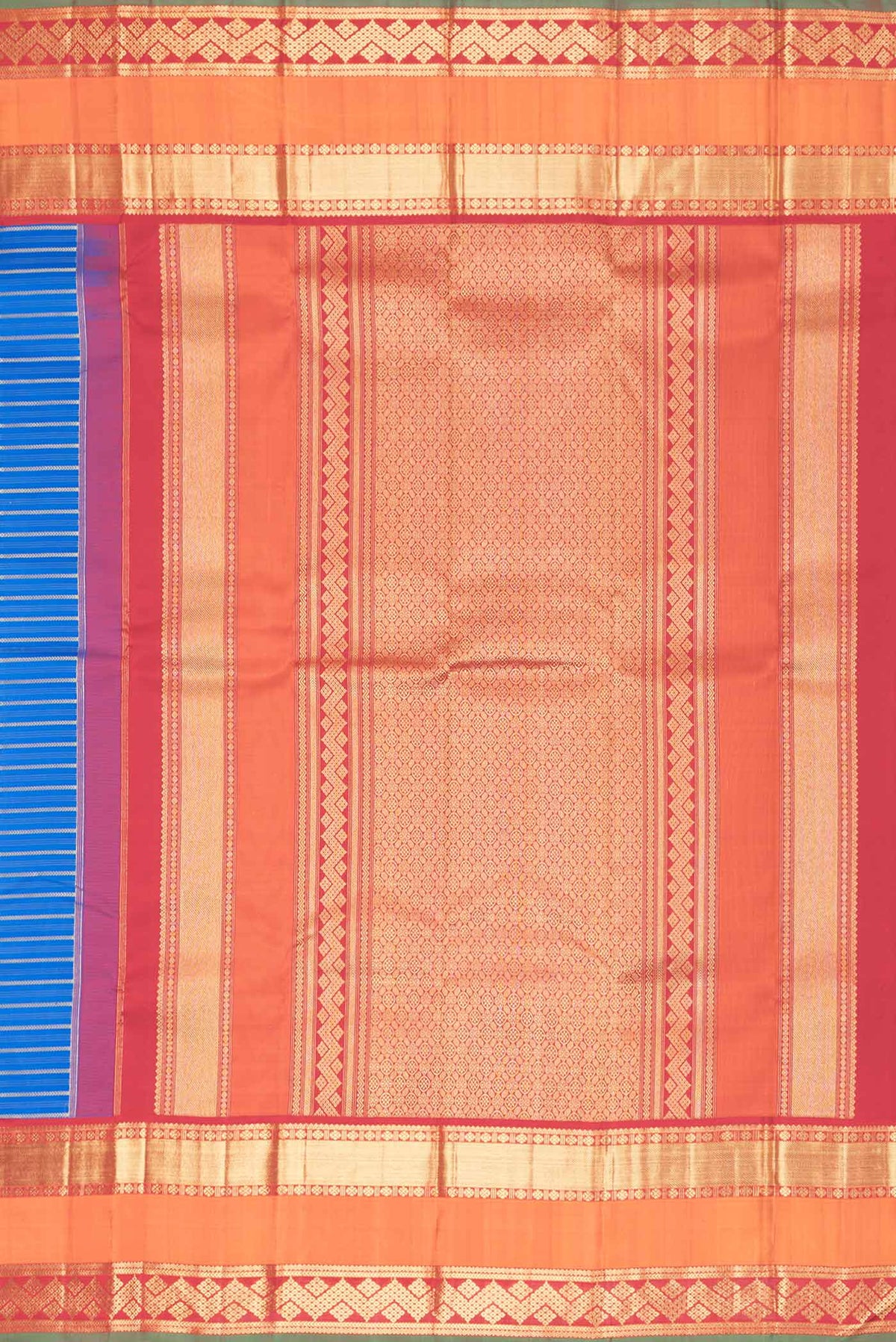 Close up image of the pallu of Pure Silk Pure Zari Royal Blue Dual Tone Kanchipuram Saree with Stripes on the body and Zari Border