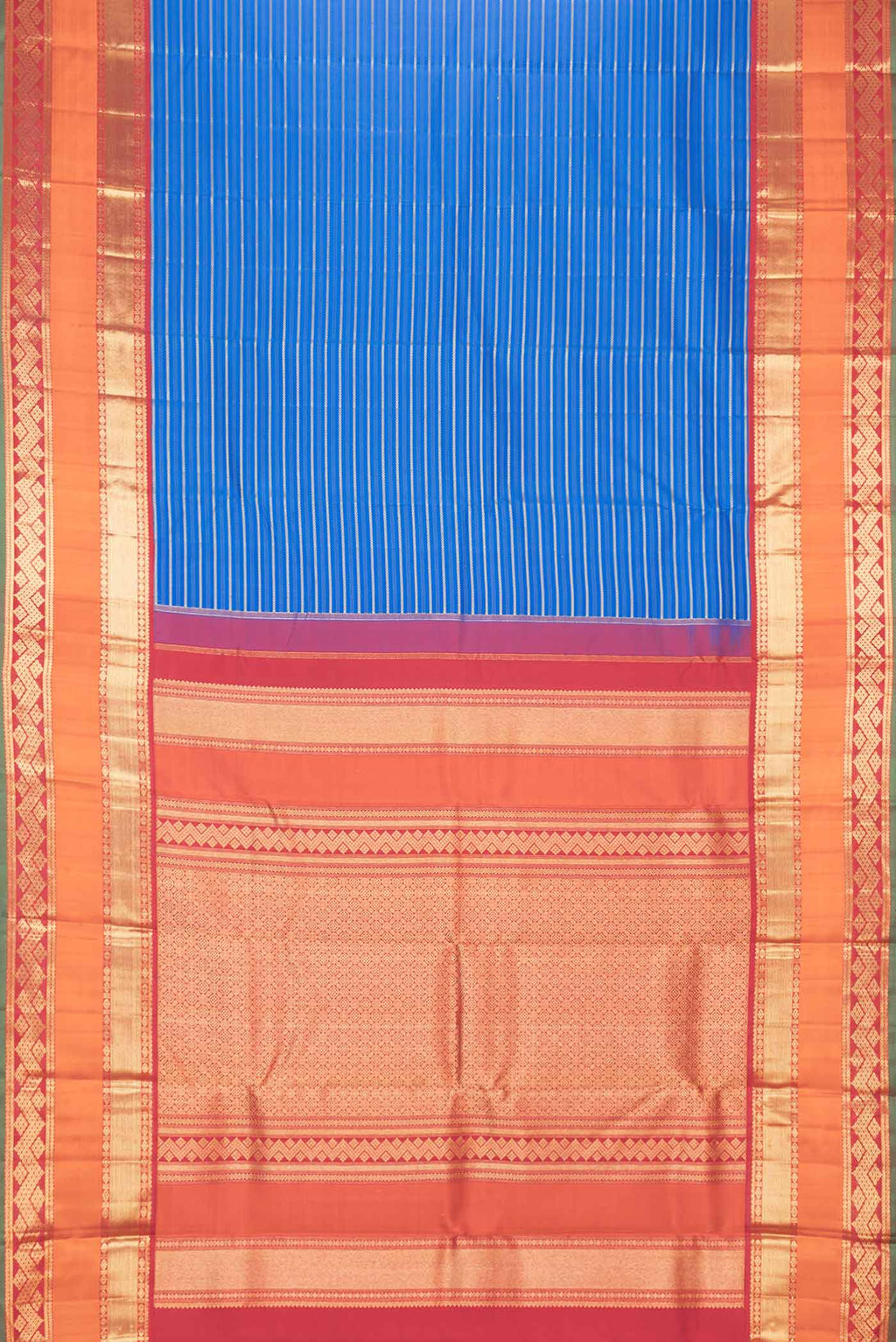 Flat view of Pure Silk Pure Zari Royal Blue Dual Tone Kanchipuram Saree with Stripes on the body and Zari Border